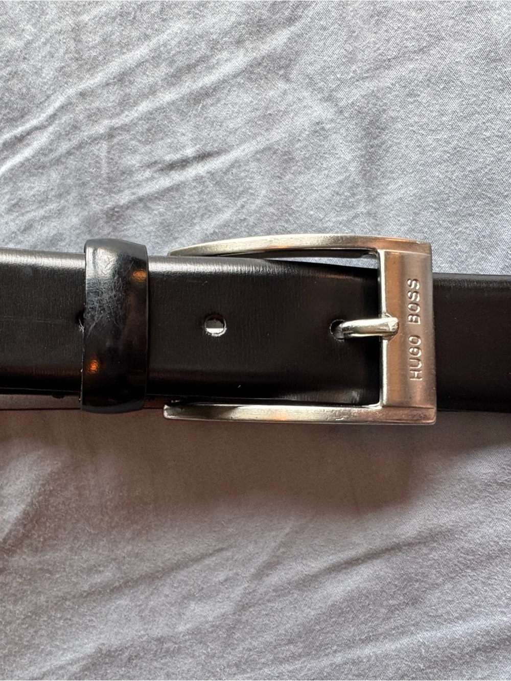 Hugo Boss Black Leather Belt with Brushed Silver Buckle